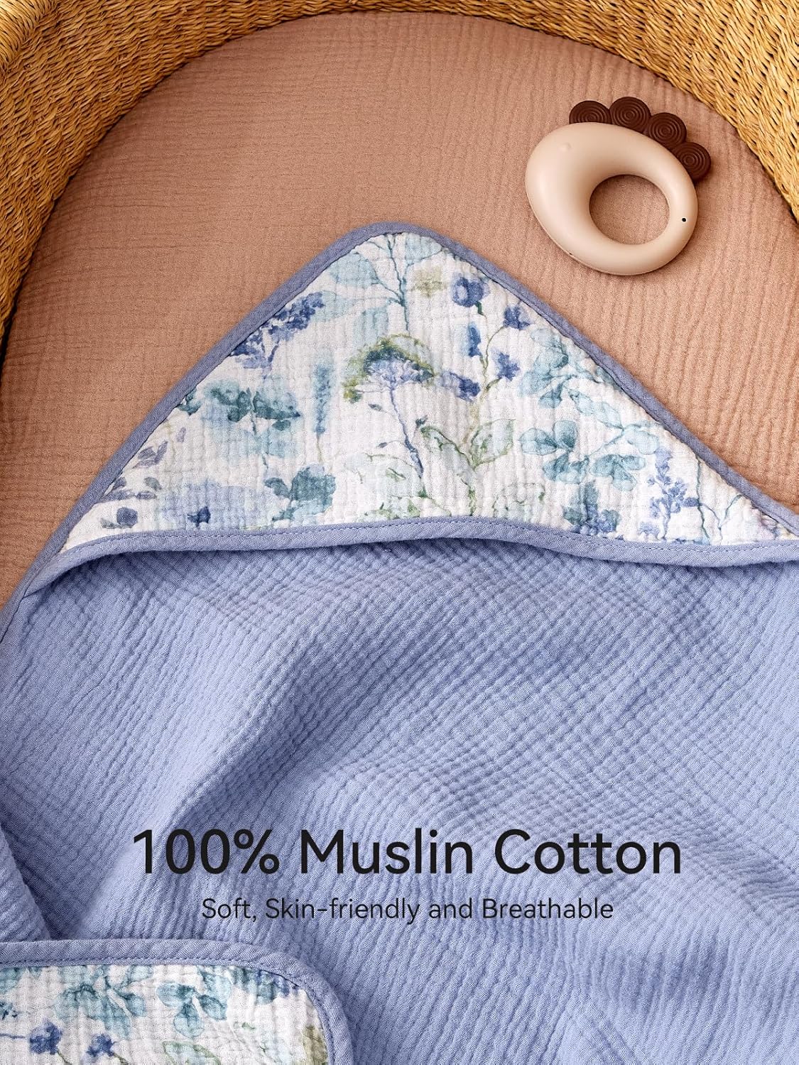 TILLYOU Muslin Hooded Baby Towels for Newborn 2 Pack, 32x32Inch Soft Baby Bath Towel Highly Absorbent for Newborn and Infant, Essential for Newborn Care, Blue Flower