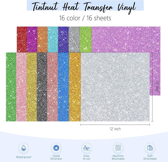 Tintnut Colorful Glitter Heat Transfer Vinyl, easy cut & weed, stretch washable