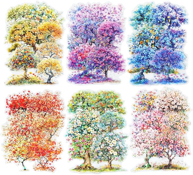 60 Pcs Holographic Floral Tree PET Stickers