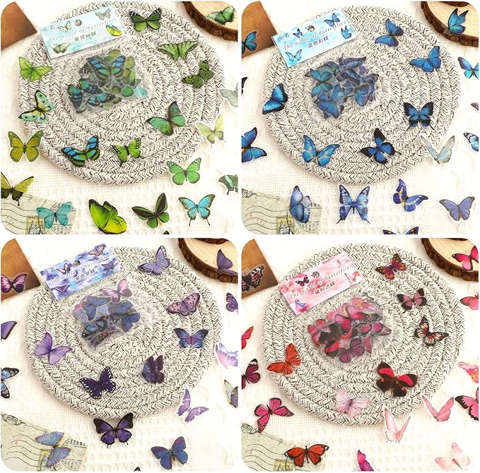 COMNICO 240PCS Butterfly Stickers, PET Waterproof Transparent Colorful Resin