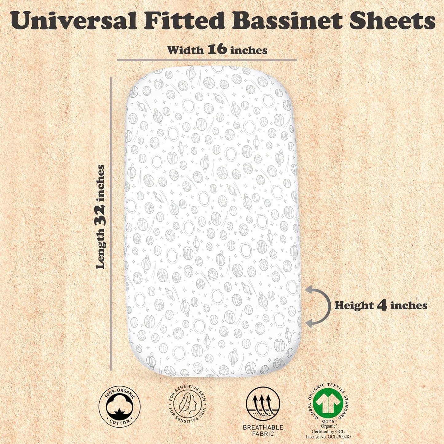Bassinet Sheets Boy – 2-Pack Soft Fitted Bassinet Sheets, Organic Cotton, Breathable & Cozy, Fits 32x16x4 Inch Rectangle, Oval & Hourglass Mattresses (Grey)