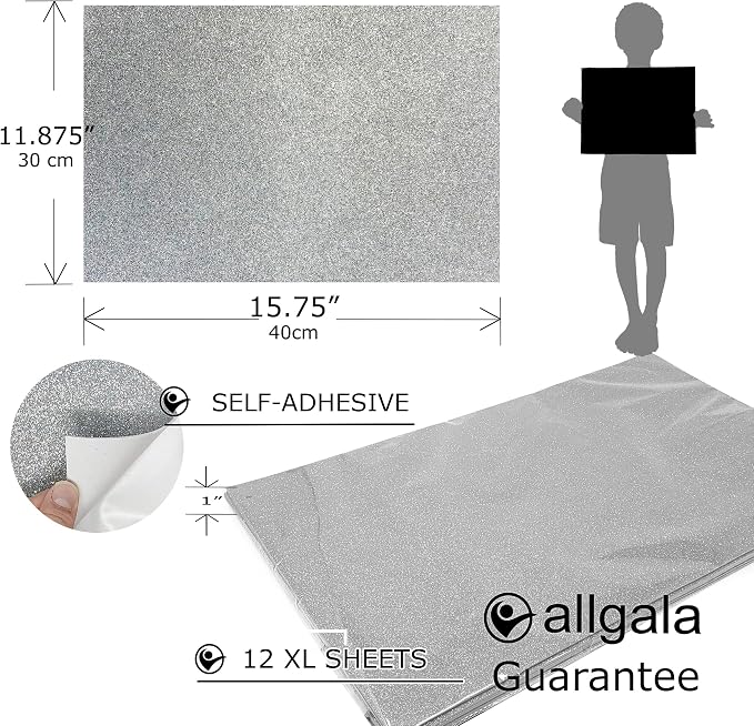 Allgala X-Large Self-Adhesive Glitter EVA Foam Sheets 12 Pack 12x16 inch Paper