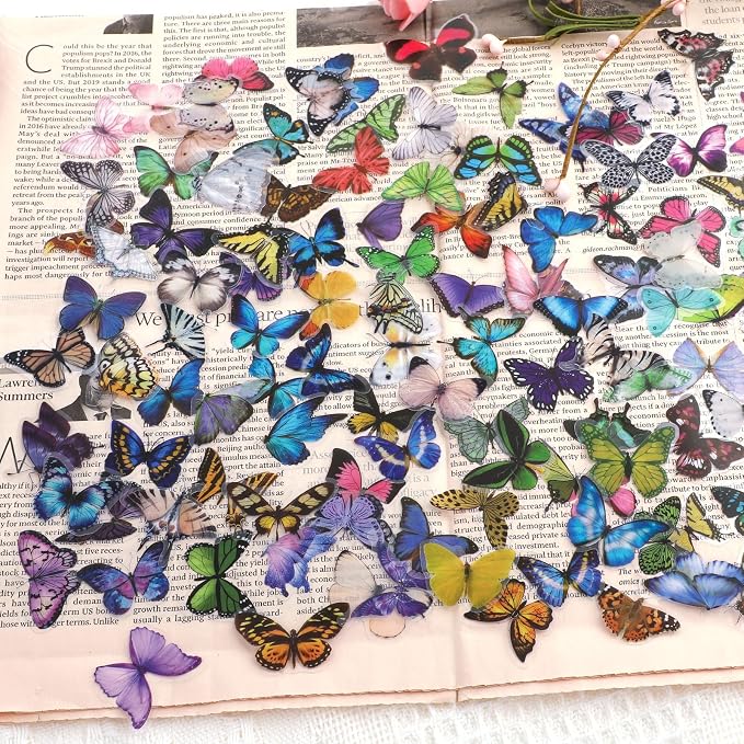 COMNICO 240PCS Butterfly Stickers, PET Waterproof Transparent Colorful Resin