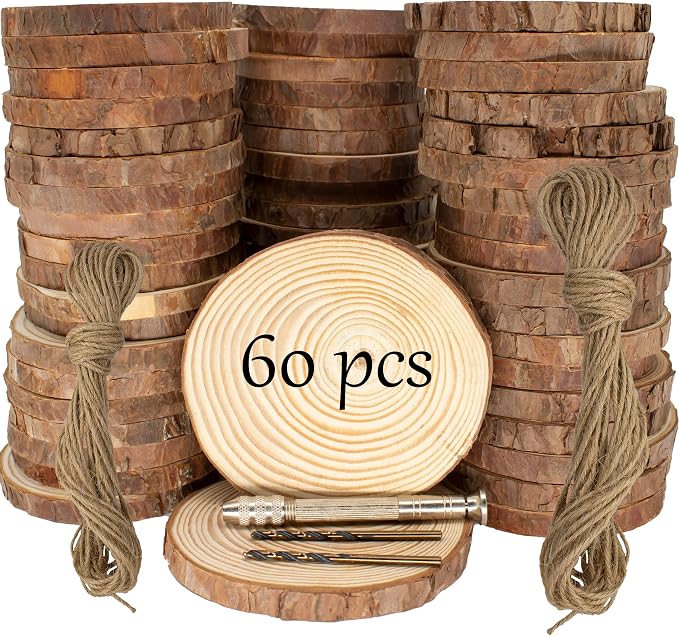 Unfinished Natural Wooden Slices 60 Pcs 3.2-4 Inch Wood Circles
