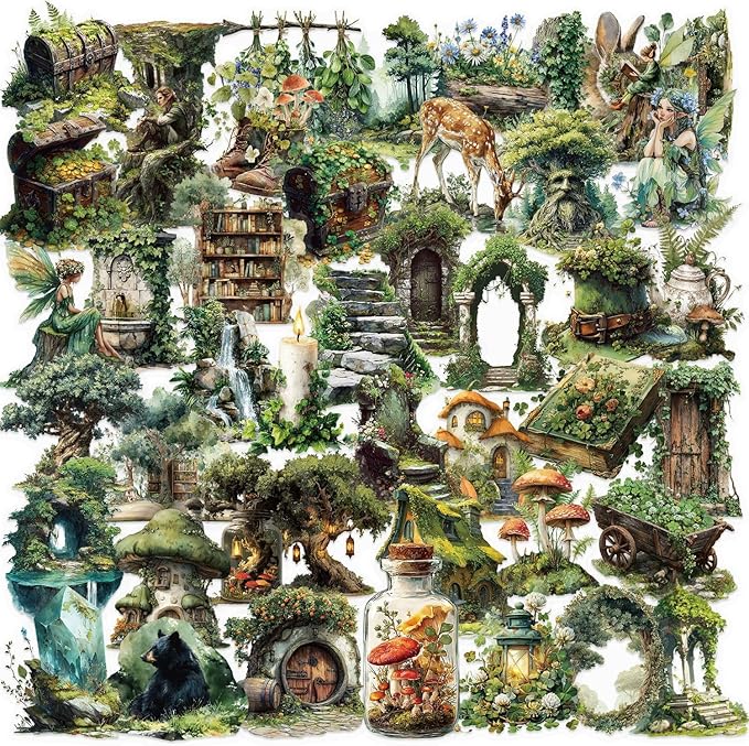 50PCS Forest Stickers PET Transparent Stickers Vintage Fantasy Forest Decals
