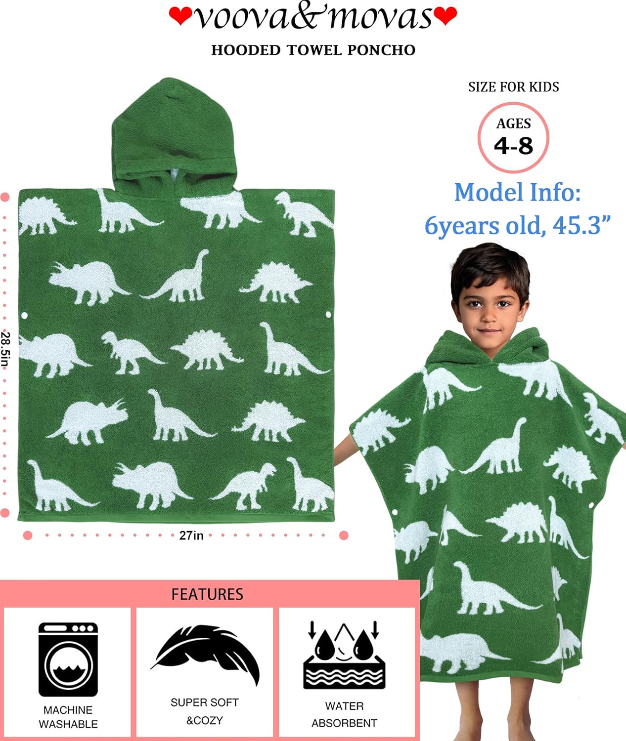 VOOVA & MOVAS Kids Poncho Towels with Hood (4-8Years,28"x28"),Soft Cotton Thick Absorbent Towel Robe for Toddler Boys,Perfect for Bathroom | Pool | Beach | Swimming, Jacquard Green Dinosaur