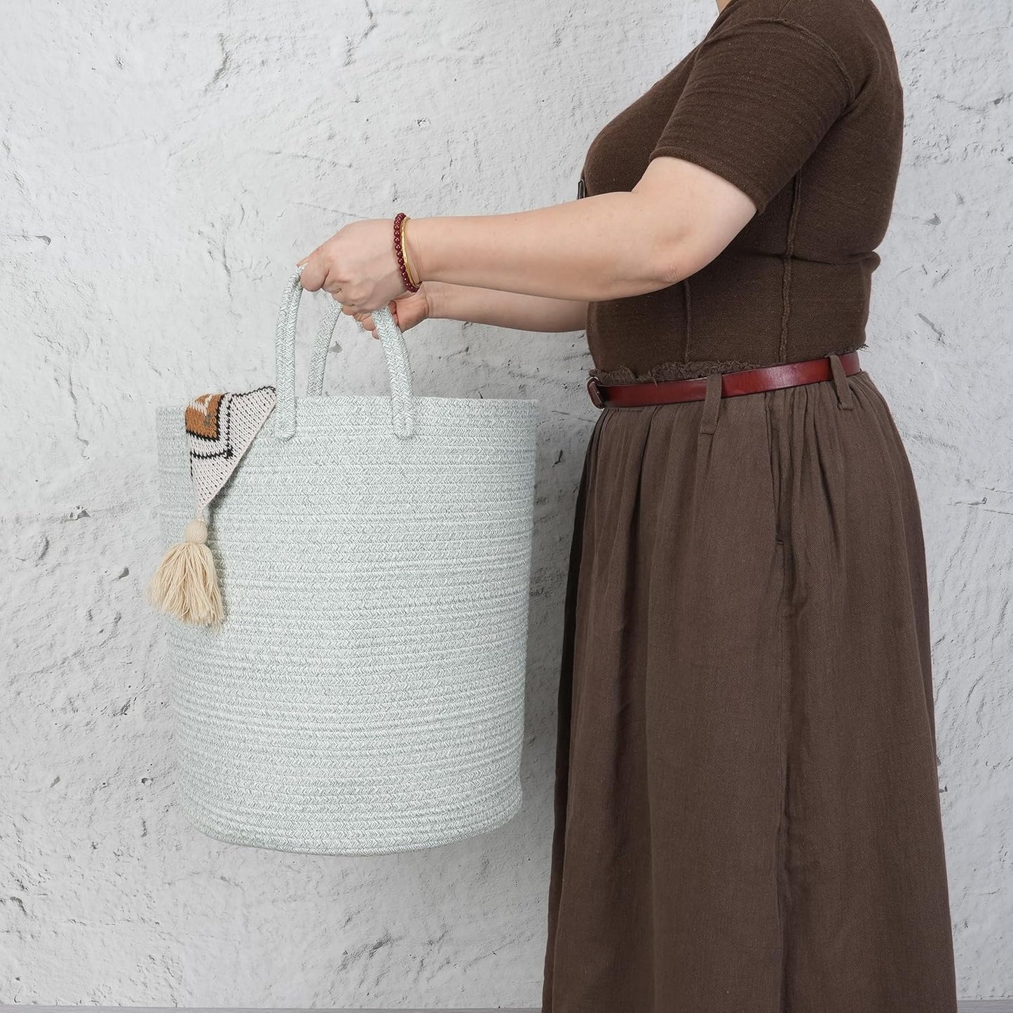 Cotton Rope Laundry Basket Hamper for Clothes Woven Storage Basket for Living Room Bedroom Boho Tall Rope Baskets for Blanket Toys Pillow Towels Baby Nursery Hamper Bin green