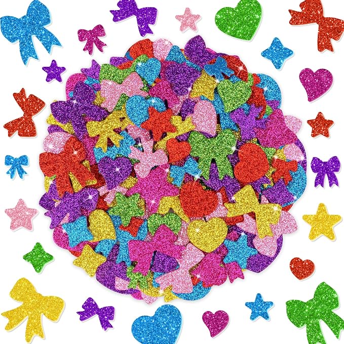 875PCS Glitter Foam Stickers, Colorful Heart & Star & Bow Stickers,