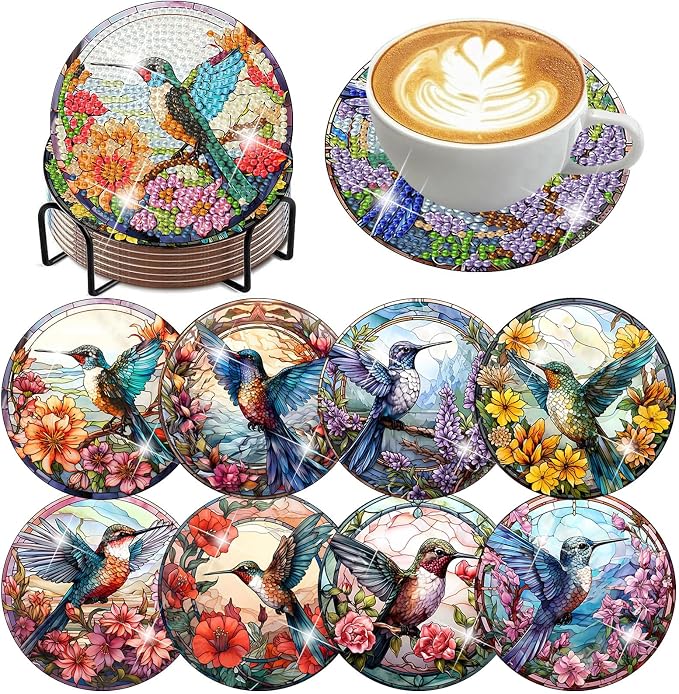 8 Pack Diamond Art Coasters, Hummingbird flowers Diamond Painting Coasters |