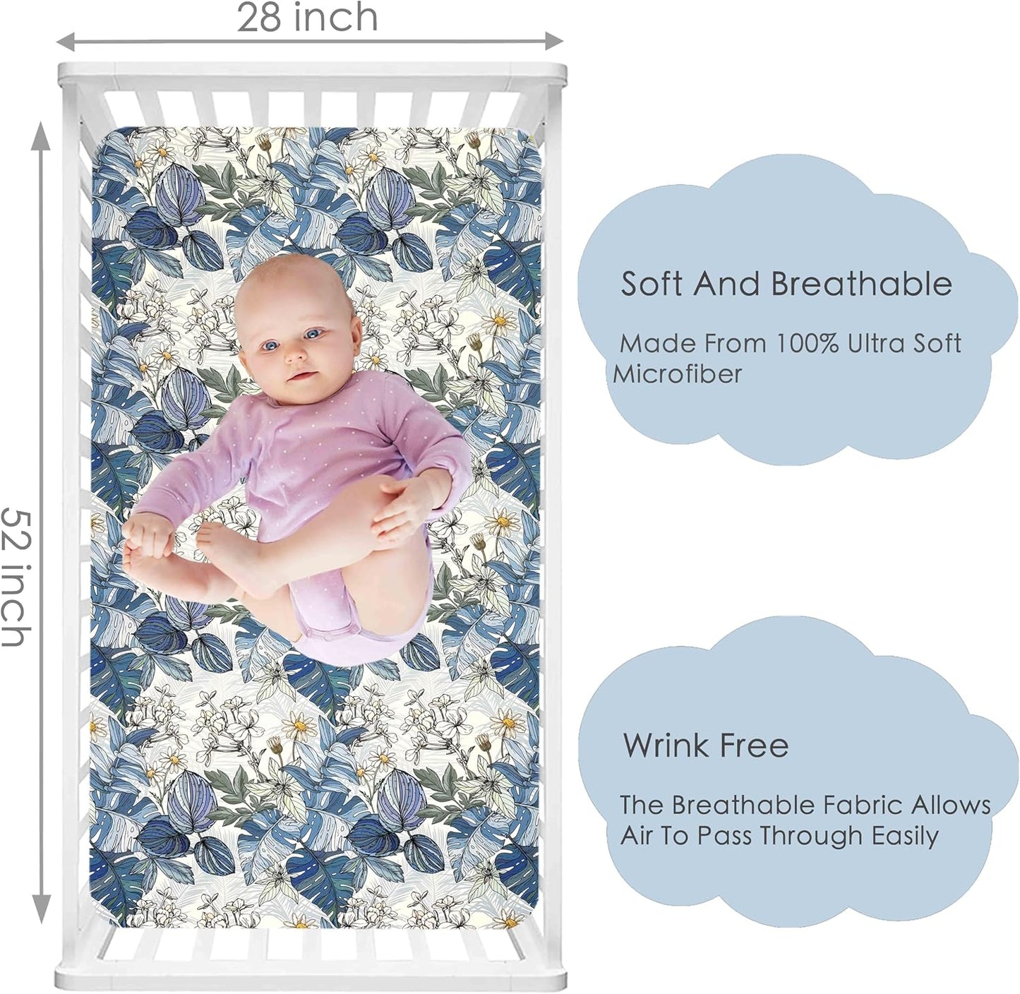 AMROSE 3 Pack Soft Floral Crib Sheets for Baby Girls, 28'' X 52'' Fitted Crib Sheets for Crib and Toddler Mattress Pad, Silk Touch Gentle Breathable Microfiber, Teal Blue Green