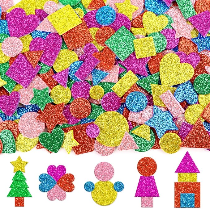 CCINEE 714 Pcs Glitter Foam Stickers 6 Colors Self Adhesive Heart Stars Circle