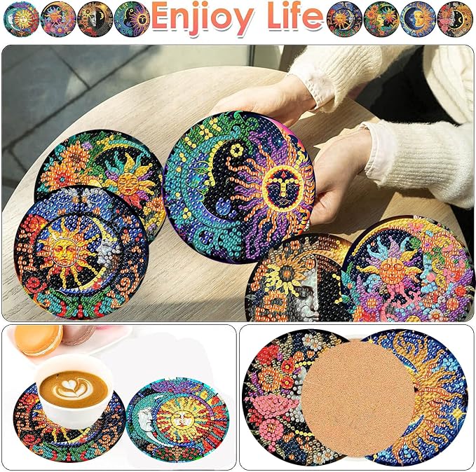 ijbnhd 8 Pcs Sun & Moon Diamond Art Coasters