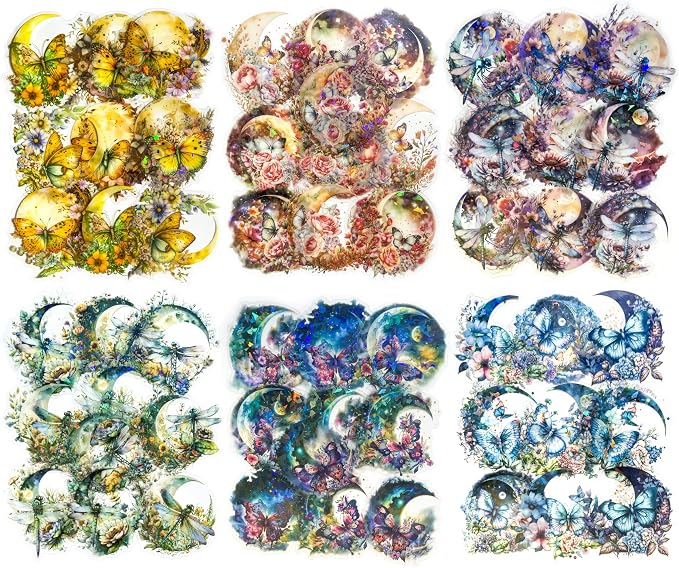 Yoksas 60Pcs Holographic Fantasy Butterfly Dragonfly Moon Stickers