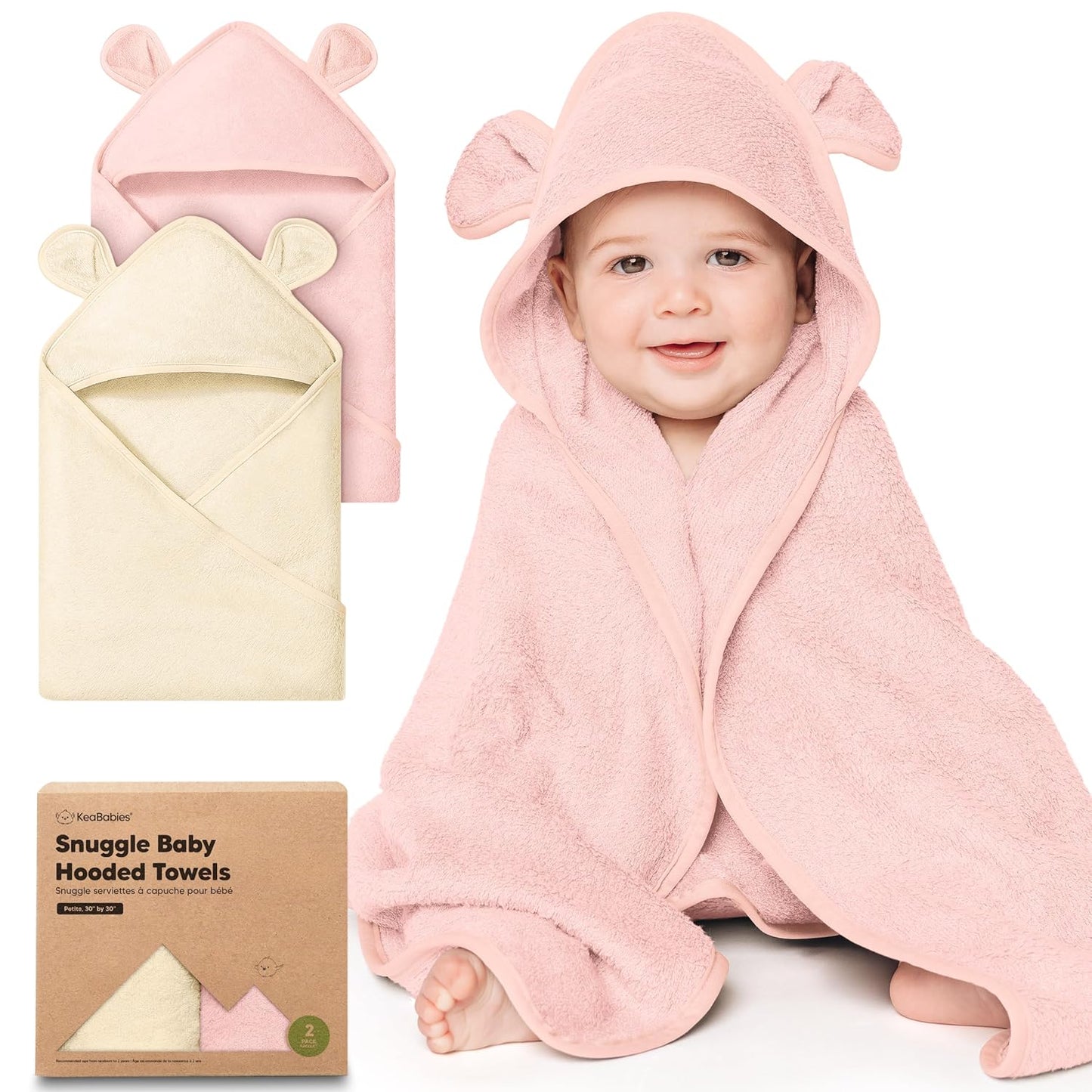 KeaBabies 2-Pack Hooded Baby Towels for Newborn - 30x30 Soft & Absorbent Viscose From Bamboo Baby Bath Towels with Hood for Infant, Toddler,Kids,Boys Girls,Newborn Bath Essentials (Rose Ivory, Petite)