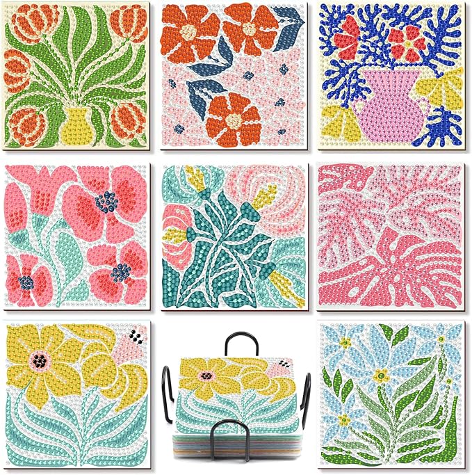 Gemozaic 8PCS Flowers Diamond Art Coasters Kits, Simple Floral Diamond Painting