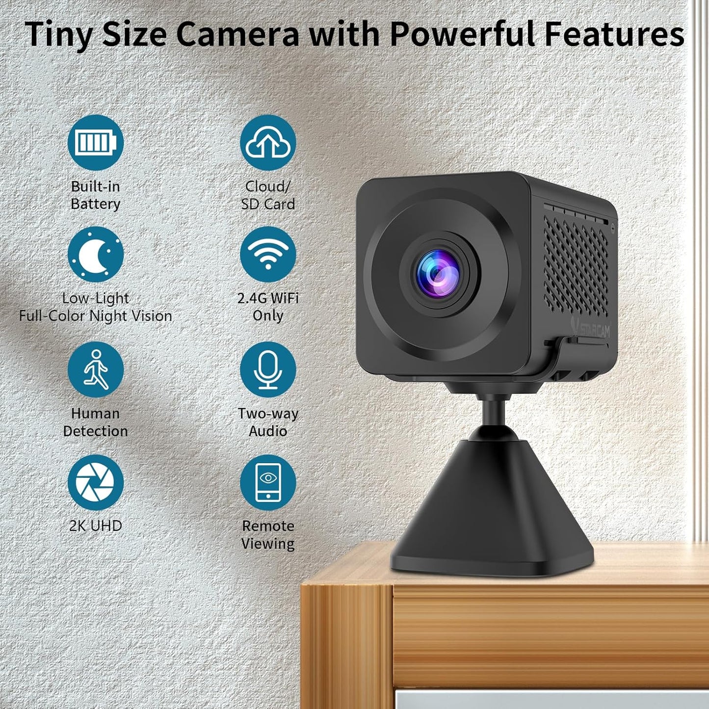 VSTARCAM Security Camera, 2K UHD, Built-in Battery, Low-Light Full-Color Night Vision, Motion Detection, Siren, 2-Way Audio, Remote Viewing, Cloud & SD Card Storage (up to 256GB)