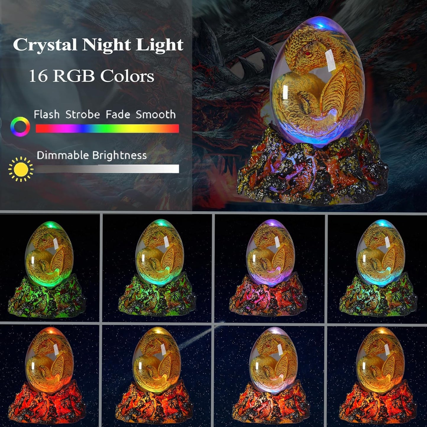 Dragon Night Light, Resin Dragons Lamp with Upgraded Volcanic Lava Base, Remote 16 Colors Flshing RGB Dimmmable for Birthday Xmas Cool Figurines Dragon Gifts for Room Decor Boys Girls