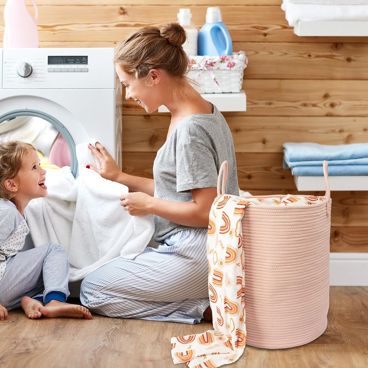 Cotton Rope Laundry Basket Hamper for Clothes Woven Storage Basket for Living Room Bedroom Boho Tall Rope Baskets for Blanket Toys Pillow Towels Baby Nursery Hamper Bin coral pink
