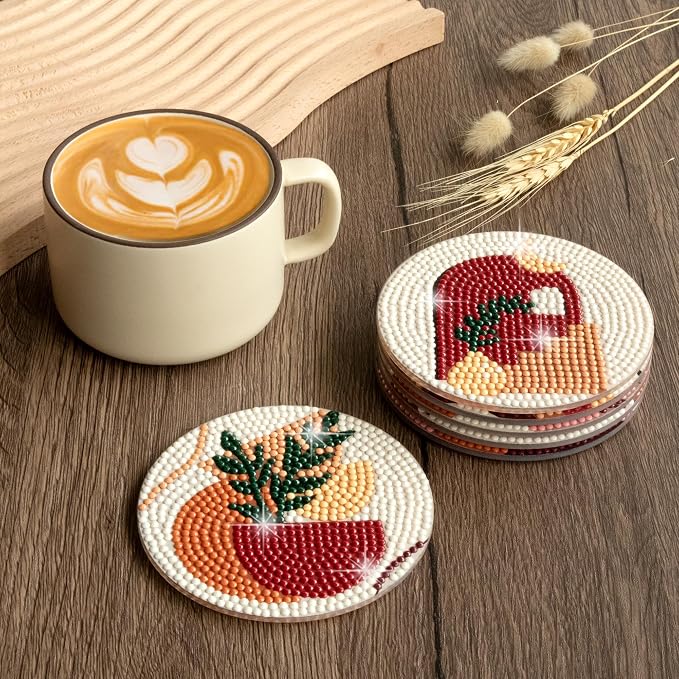 Temlum 6 Pcs Diamond Painting Coasters Kit, Abstract Plant Diamond Art Coasters