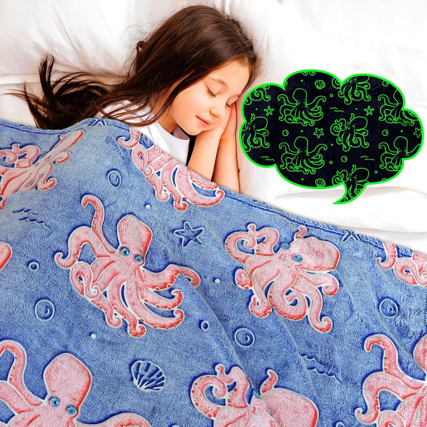 Octopus Twin Blanket for Couch & Bed - Glow in The Dark Ocean Blanket Soft Octopus Gifts for Kids, Blue Sea Animal Fleece Throw for Home Decor Christmas Birthday Present 60"x80"