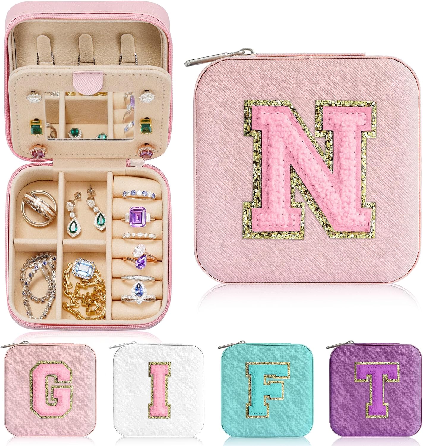 Parima Back to School Jewelry Case, School Supplies for Teen Girls Jewelry Box | High School Travel Accessories for Girls | School Travel Essentials Small Jewelry Box - Letter N, Pink