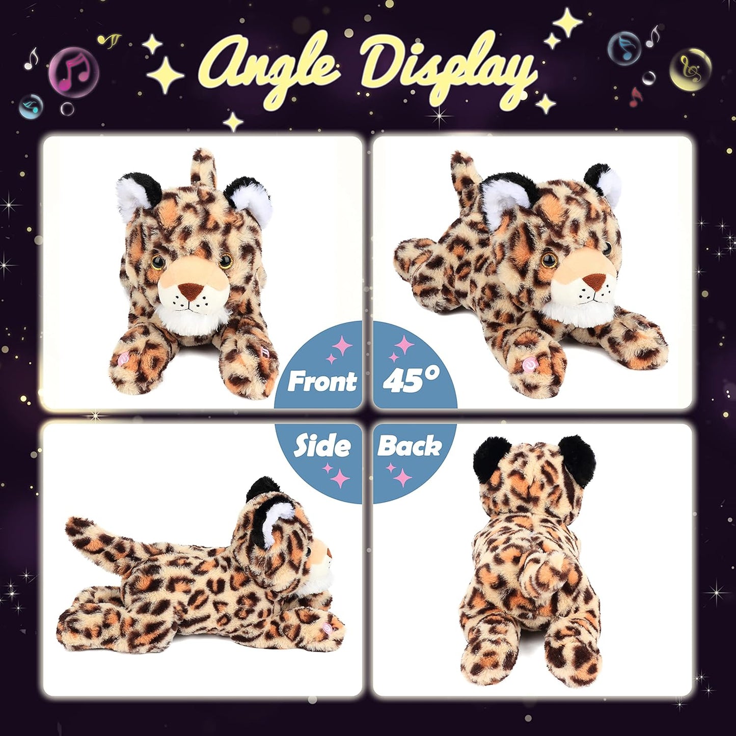 Hopearl LED Musical Stuffed Cheetah Lighting Up Singing Plush Leopard Toy Adjustable Volume Lullaby Animated Soothe Birthday Festival for Kids Toddlers Boys, 14''