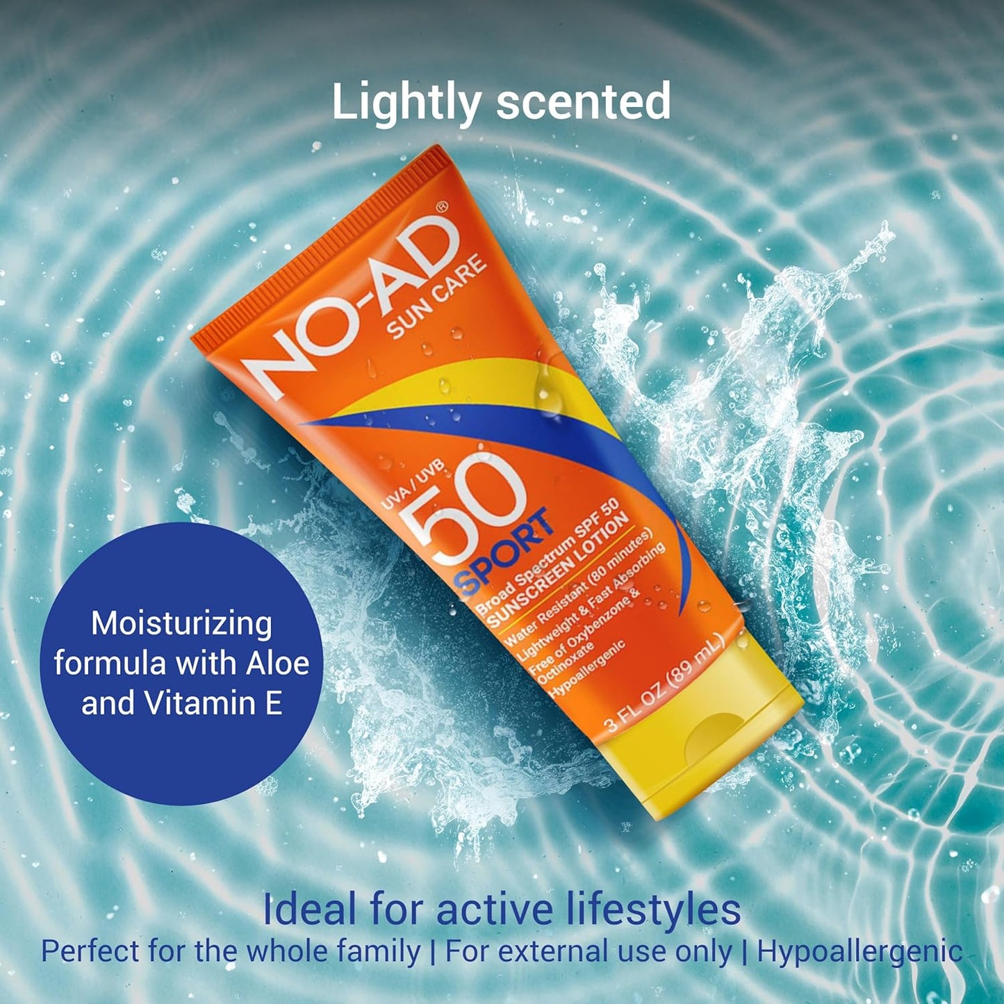 NO-AD SPF 50 SPORT Sunscreen Lotion | Hypoallergenic | Broad Spectrum UVA/UVB Protection | Water Resistant | Octinoxate & Oxybenzone Free with moisturizing Vitamin E and Aloe 3oz | Pack of 3