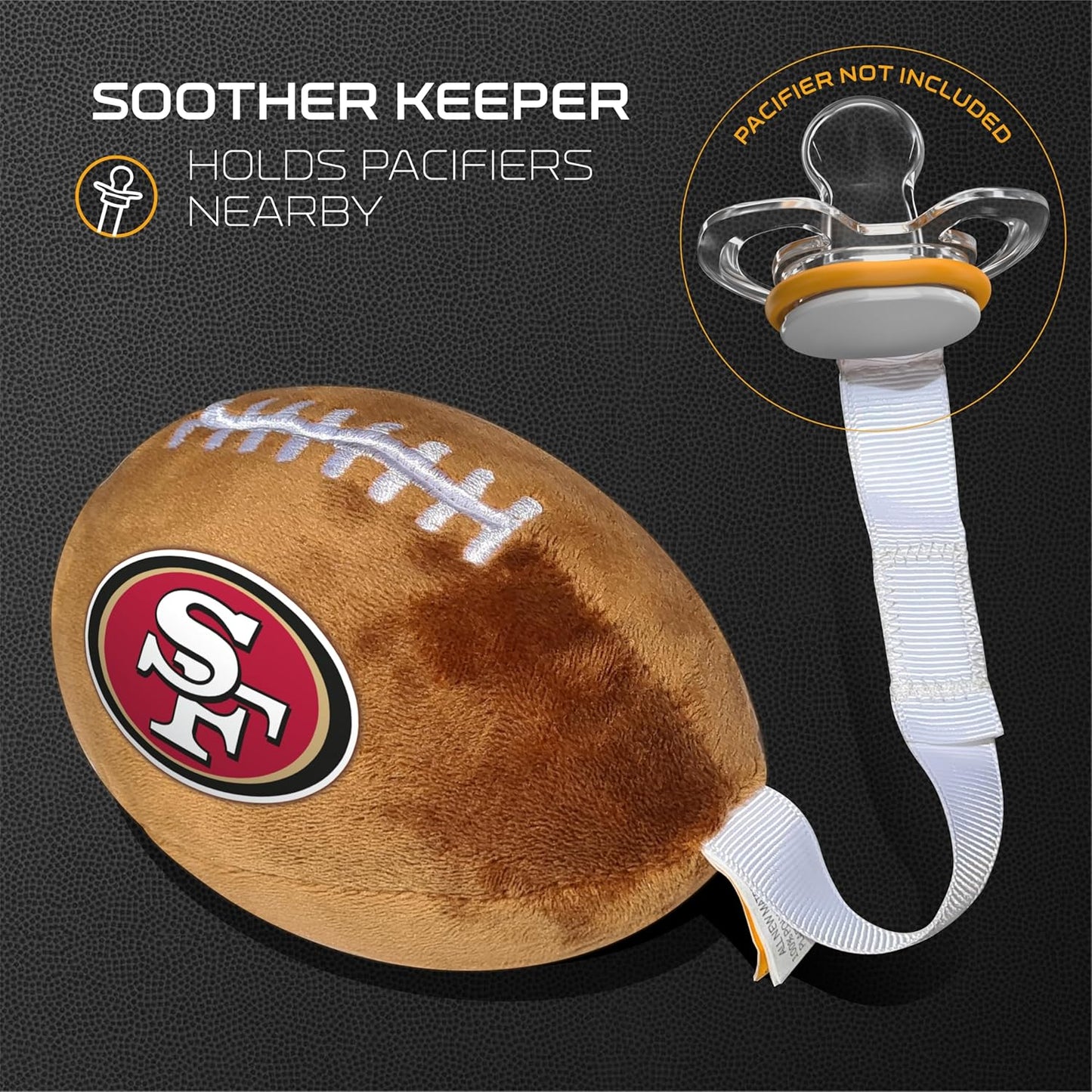 San Francisco 49ers Plush Football Pacifier Holder by Smilo - Officially Licensed NFL Soother Holder - Soft Plush Toy and Dummy Holder - Fits Any Pacifier - Stroller Accessory & Newborn Essential