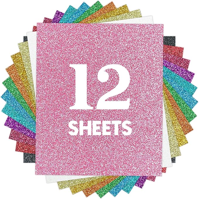 12Pcs Multicolored Glitter Heat Transfer Vinyl 12"x10", Easy Weed HTV Iron On