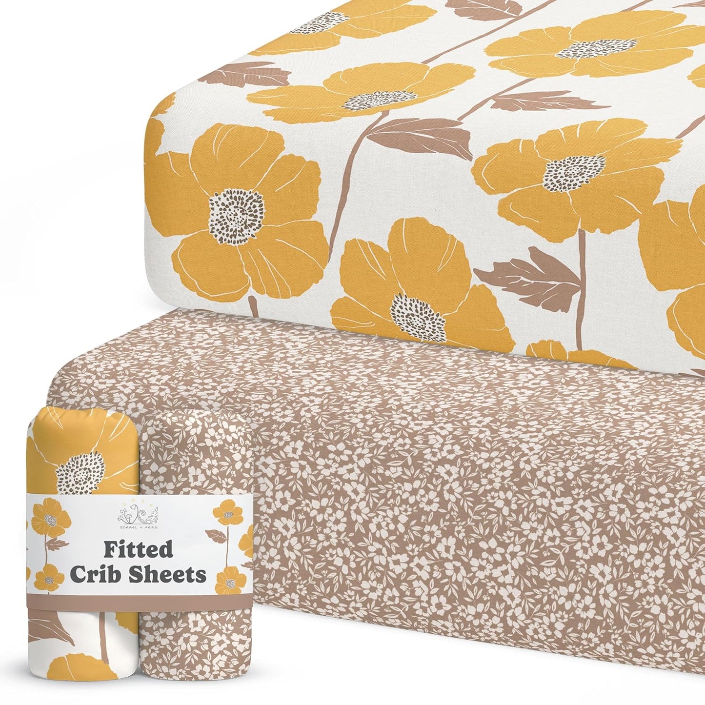 Crib Sheets Neutral - Fitted Baby Crib Sheets Bed for Girl Boy - 2 Pack Standard & Toddler Mattress (Poppy Fields) - Buttery Soft Organic Cotton Blend