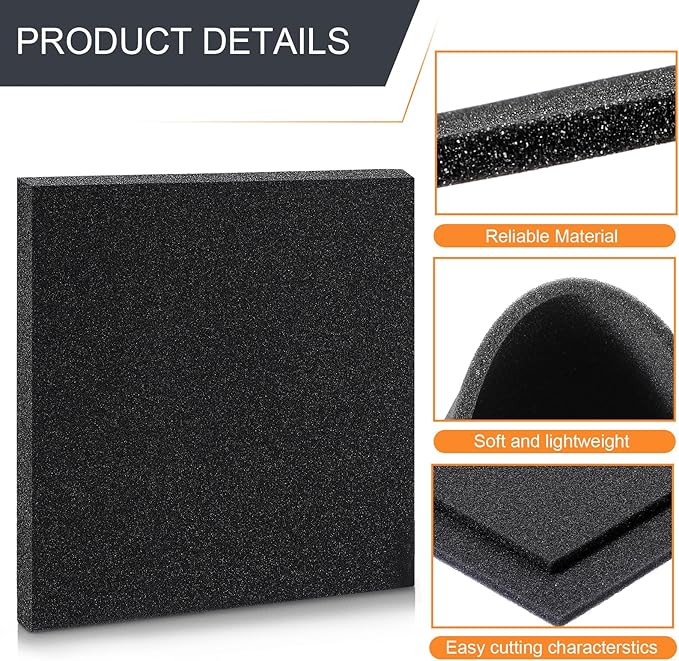 Pangda 2 Pcs Black Foam Pad 12 x 12 x 0.25 Inches Cuttable Polyurethane Foam