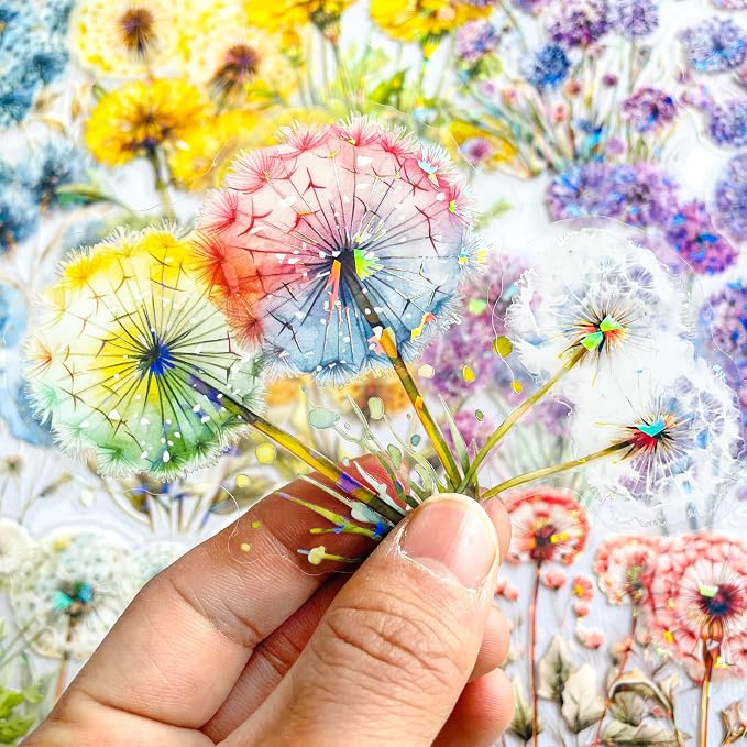 60-Piece Holographic Dandelion Scrapbook Stickers – Colorful Iridescent Effect