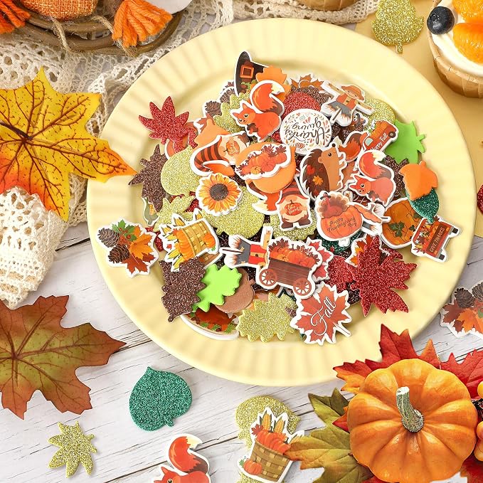600Pcs Fall Thanksgiving Foam Sticker Glitter Maple Leaf Sticker | Autumn Decals