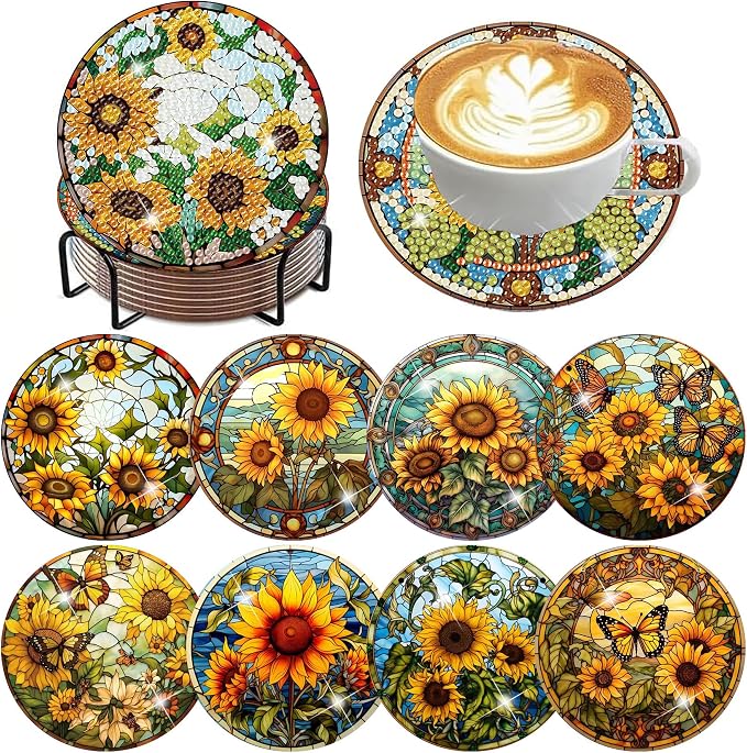 ijbnhd 8 Pcs Sunflower Diamond Art Coasters Kit Diamond Painting Coasters |