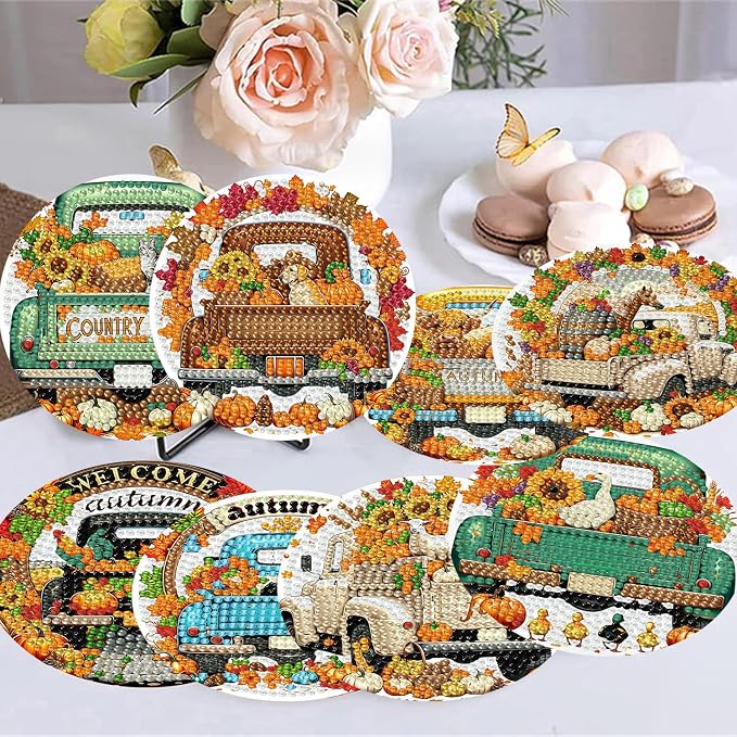 8 Pack Diamond Art Coasters, Autumn Truck Diamond Painting Coasters Kits | Fall