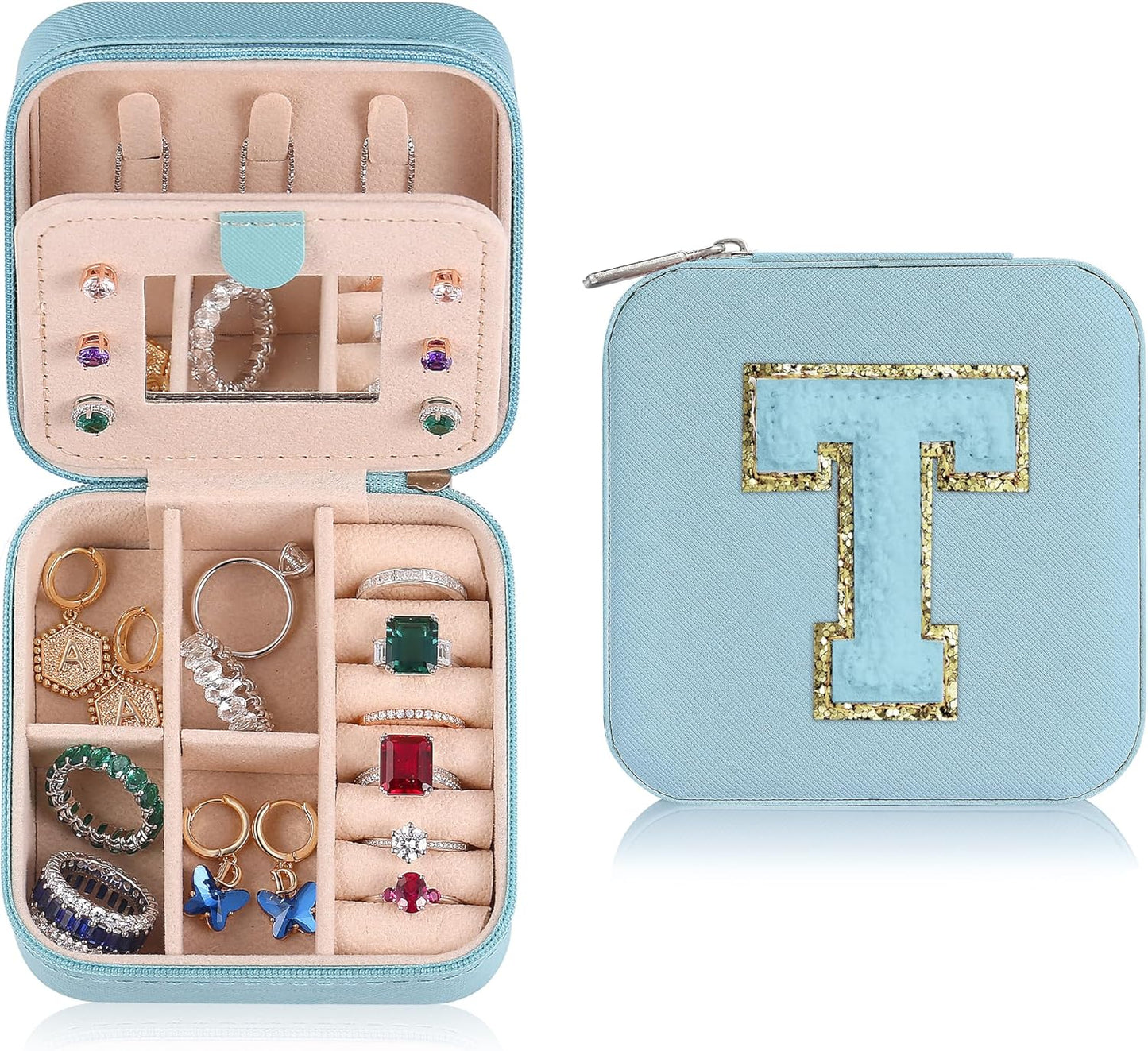 Parima Travel Jewelry Case - Small Organizer Box for Women, Mini Jewelry Box - Letter T, Sky Blue