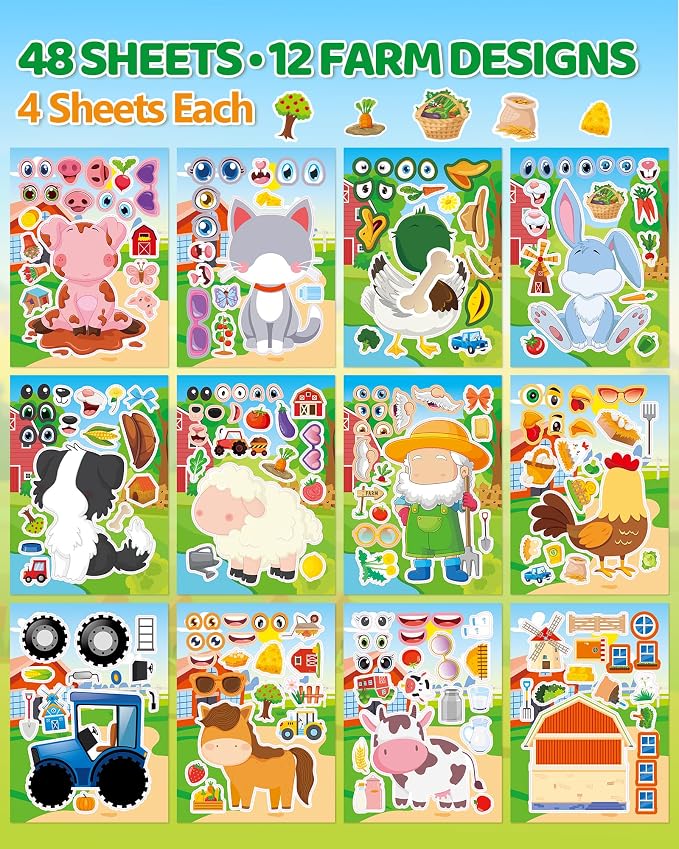 Aowplc 48 Sheets Farm Animal Make‑a‑Face Stickers