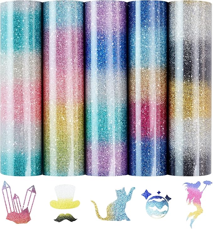 Tintnut Rainbow Gradient Glitter HTV Vinyl, 5 Sheets 12×10in Iron on Vinyl |