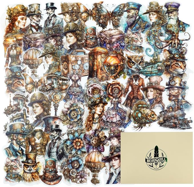 120PCS Steampunk PET Stickers, Mechanical Cats, Planner Collage, Water Bottle