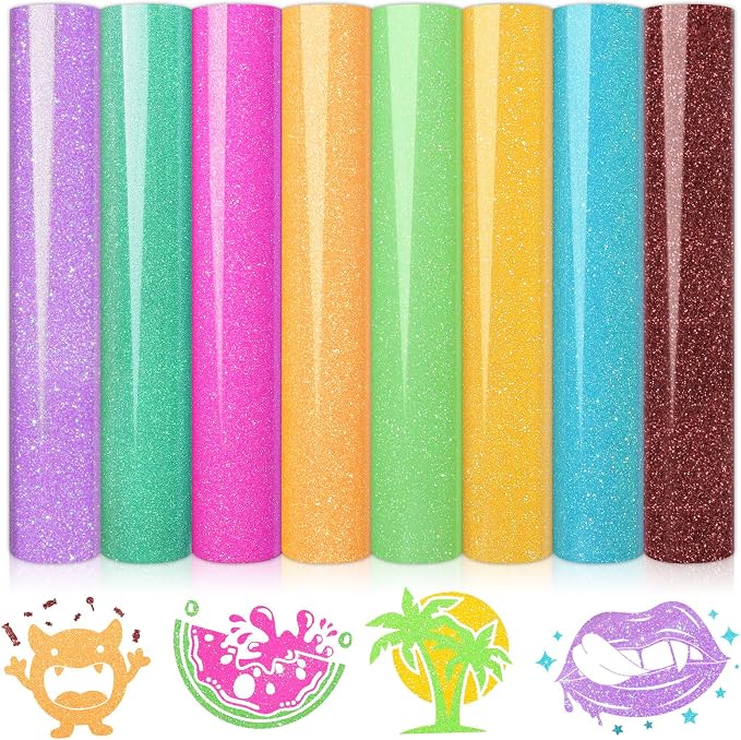 WRAPXPERT Neon Glitter HTV Heat Transfer Vinyl Bundle, 8 Packs Glitter Iron on