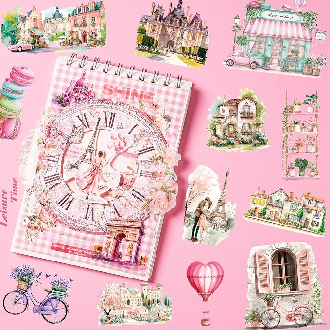 JOYCHOIC Paris Journaling Sticker Set, 18 Sheets PET Junk Journal Stickers