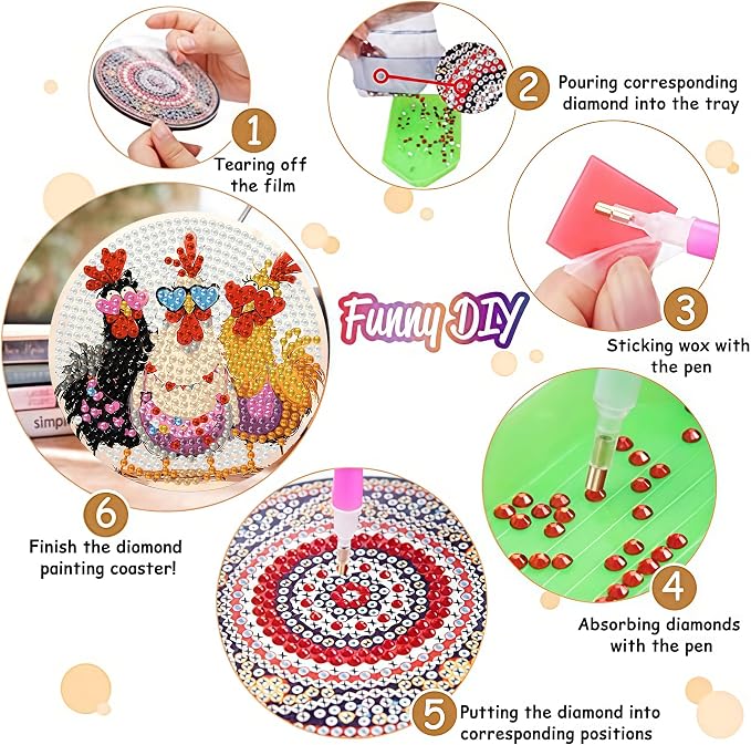 Zythron 8 Pack Diamond Art Coasters, Chicken Diamond Painting Coasters Kits |