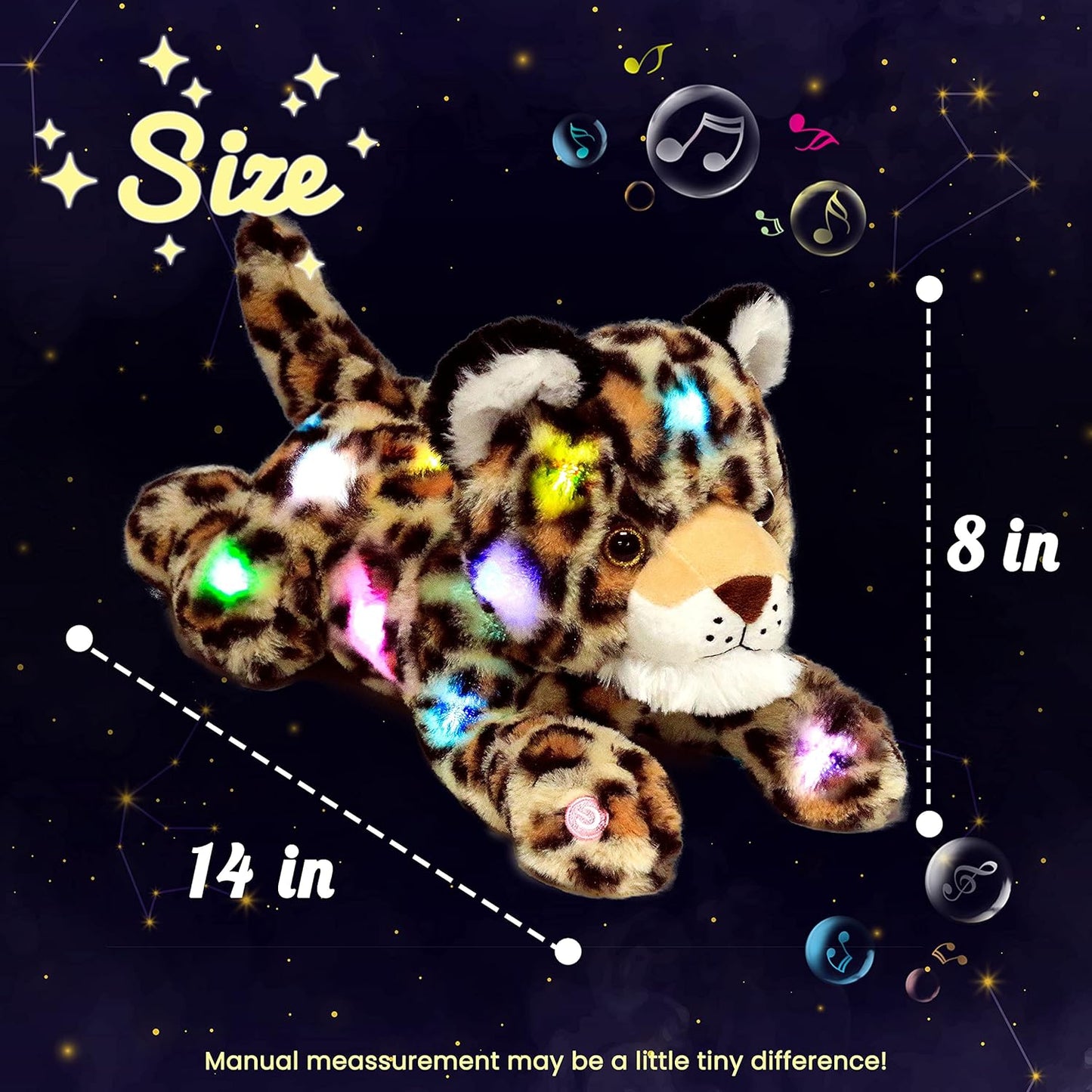 Hopearl LED Musical Stuffed Cheetah Lighting Up Singing Plush Leopard Toy Adjustable Volume Lullaby Animated Soothe Birthday Festival for Kids Toddlers Boys, 14''