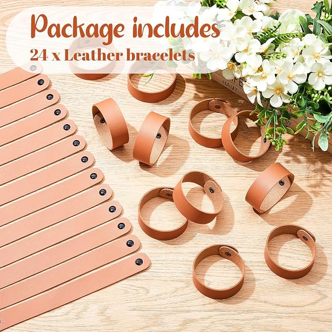 24 Pcs Plain PU Leather Bracelets Blank Snap Bracelets Wrist Cuffs DIY Craft