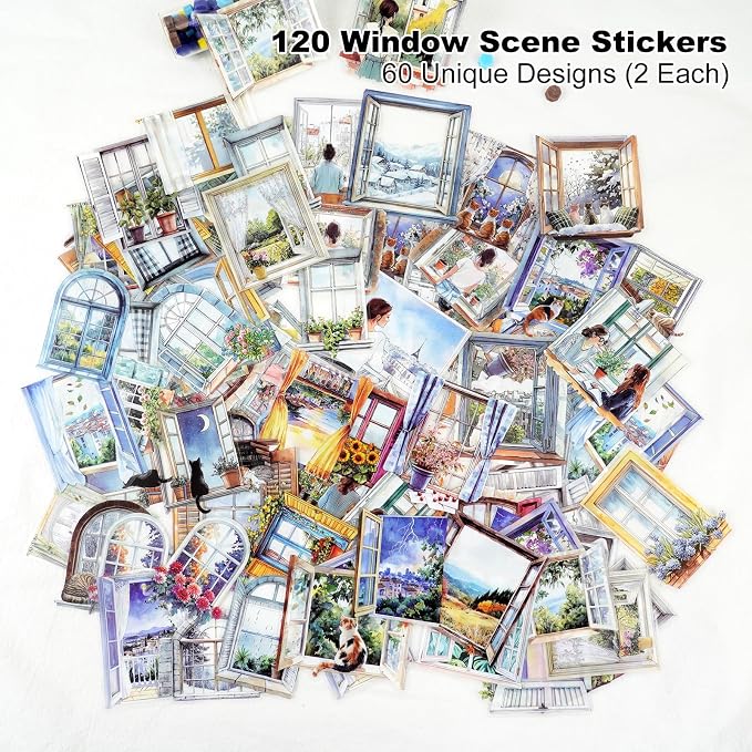 120PCS Watercolor Window PET Stickers – Scenic Views of Cats, Flowers & Cozy