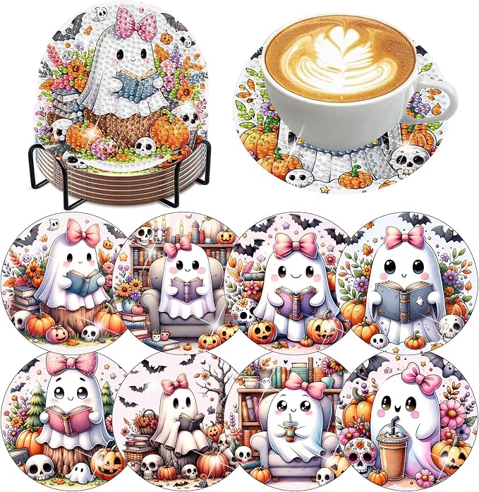 8 Pack Diamond Art Coasters, Halloween Ghost Diamond Painting Coasters Kits |