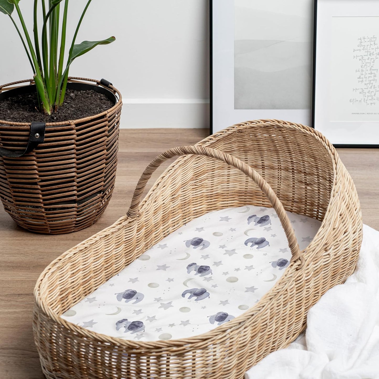 Baby Bassinet Sheets for Boy, Girl (Watercolor Elephants) 2-Pack - Fitted Bedside Bassinet Sheets - Buttery Soft Cotton Blend for Standard Mattress Pad - Compatible with Halo BassiNest