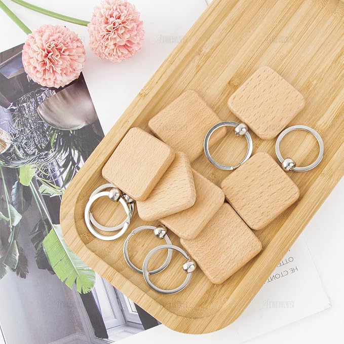AUEAR, Blank Wooden Key Chain Wood Keychain Key Ring Key Tags Personalized EDC