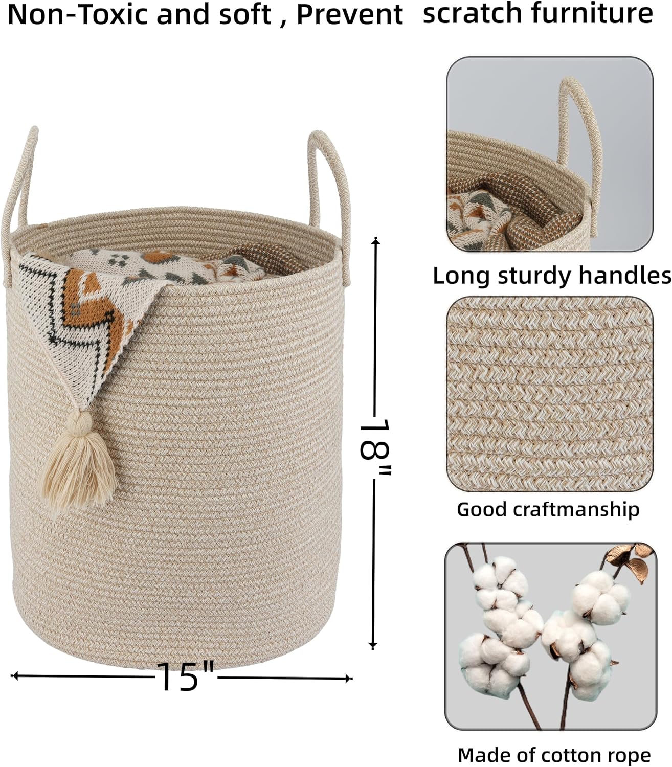 Cotton Rope Laundry Basket Hamper for Clothes Woven Storage Basket for Living Room Bedroom Boho Tall Rope Baskets for Blanket Toys Pillow Towels Baby Nursery Hamper Bin oatmeal