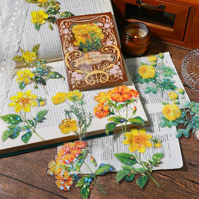 Yoksas 40 Pcs Large Vintage Shiny Flowers Stickers